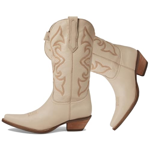 Image of LEHOOR Cowboy Boots Women Embroidered Mid Calf Western Boots Stacked Low Heel Pointed Toe Pull On Cowgirl Boot 4-11 M US