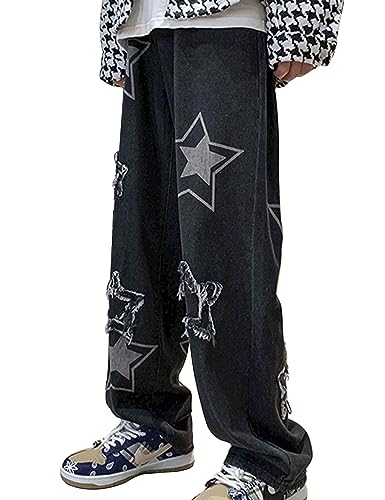 FCOOLYEET Men's Y2K Jeans Hip Hop Baggy Star Denim Pants Grunge Aesthetic Streetwear Jeans Relaxed Fit Trousers