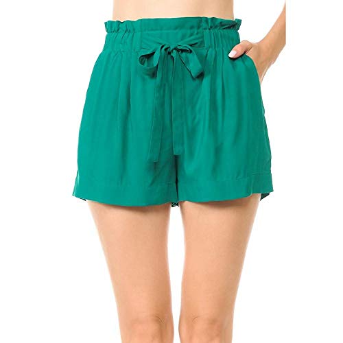 Khanomak Women's Solid Lightweight High -Rise Self Tie Ribbon Belt Elasticized Waist Slanted Front Pockets Shorts (Medium, Kelly Green)