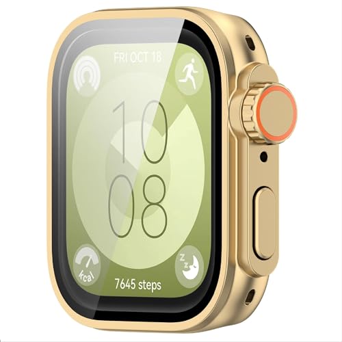 GIOPUEY Case Compatible with Huawei Watch Fit 3, Glass Protective Film + Hard Plastic Bezel, Huawei Watch Fit 3 Cover - gold