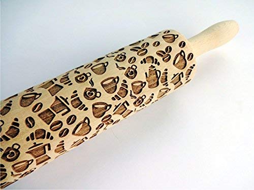 COFFEE STYLE Embossing Rolling Pin. Laser Engraved Wooden Rolling Pin for Baking with Coffee Beans Latte Pattern. Dough Roller for Homemade Cookies by Algis Crafts - Image 3