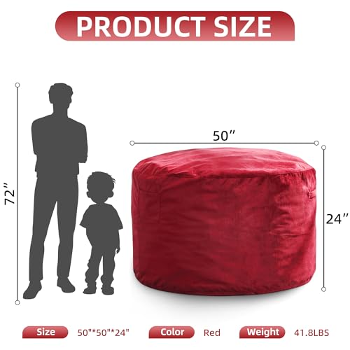 Image of Hobestluk Adults Bean Bag Chair 5FT Big BeanBag Chair Giant Large Oversized | Memory Foam,Removable Cover,Velvet Fabric,Side Pocket,Bean Bag Chairs for Adults Cloud Chair for Reading Seating | Red 5FT