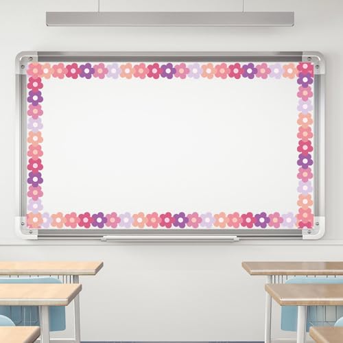 Image of Whaline 32.8ft Preppy Hippie Flower Bulletin Board Borders Y2K Pink Purple Flower Die-Cut Rolled Bulletin Board Trim for School Classroom Office Decor