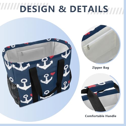 Large Waterproof Travel Tote Bag for Women Men, Sea Anchor Loves Heart Canvas Beach Bag with Lining & Pockets - Reusable Grocery/Laundry/Kitchen/Pool/Picnic Tote (15.4x9.8x12.8in)4