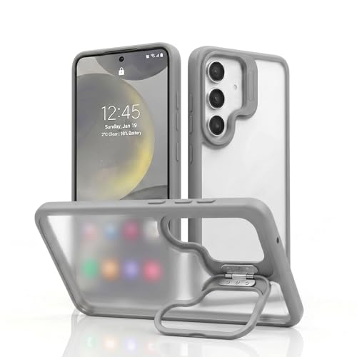 Image of amazon basics Frosted Matte Case for Samsung Galaxy S24 5G | Built-in Flip-Out Camera Lens Stand | Translucent Back with Contrast Gray Bumper | Shockproof Protective Cover with Foldable Kickstand