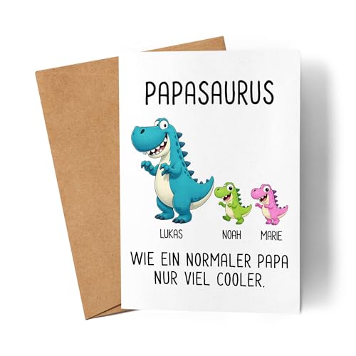 Kiddle-Design Papa Karte personalisiert mit Name Papasaurus Vatertagskarte für Vater zum Vatertag Vatertagsgeschenk für Väter von Kindern Tochter & Sohn - Grußkarte Geburtstagskarte - 2 Kinder