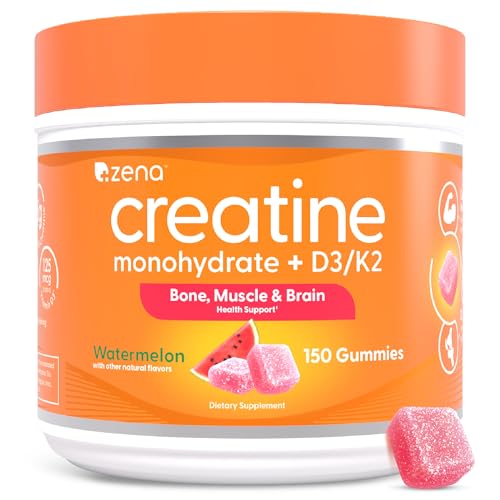 Zena Nutrition Creatine Gummies with D3 & K2 Creatine Monohydrate for Men and Women Supports Bone Muscle & Cognitive Health Gummy Workout Supplement Watermelon Flavor 150ct 30 Daily Servings