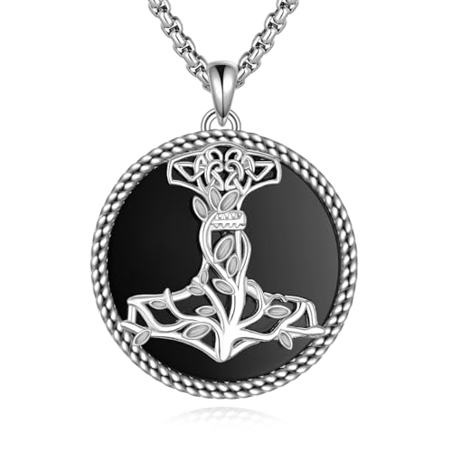 Collier en argent sterling 925 pendentif marteau de Thor onyx noir