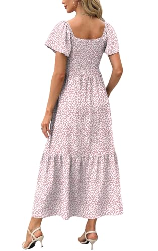 Image of OFEEFAN Summer Dresses for Women Square Neck Ruffle Sleeve Smocked Maxi Dress with Pockets