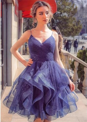 YOFF Glitter Tulle Tiered Short Homecoming Dresses for Juniors 2025 Ruffle A-Line Spaghetti Straps Prom Cocktail Dress YO0674