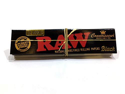 Raw 7 Black Classic Natural Hemp Connoisseur King Size Slim + Roach Tips with Roach Tips UnRefined Purest Natural Fibers Rolling Paper - Pack of 24, 300 g