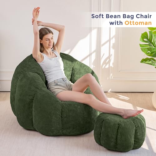 Image of MAXYOYO Giant Bean Bag Chair with Ottoman, Pumpkin-Shaped Bean Bag Sofa with Footstool, Oversized Boneless Couch Chair in a Box, Comfy and Lazy Lounge for Dorm, Living Room, Bedroom, Green