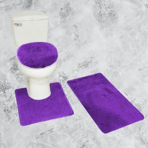 3 Piece Chenille Bath Rug Set Non Slip Medium Rug Countour Rug and Toilet Lid Cover #6 (Purple)