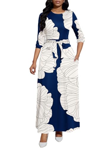 Image of BubFee Long Dress for Women Casual Long Sleeve Dresses Maxi Dress Empire Waist Loose with Belt