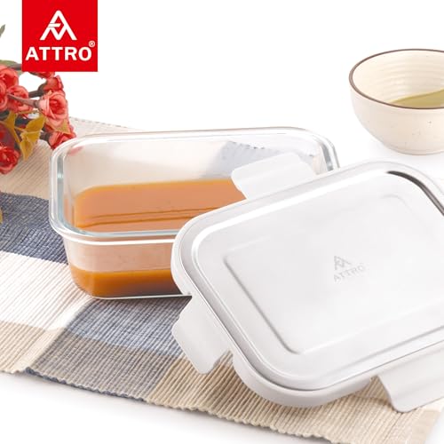 Image of ATTRO Glassox Borosilicate Rectangular Glass Lunch Box with Stainless Steel Lid Food Storage Container Microwave & Freezer Safe BPA-Free Food-Grade 1040ml, Transparent