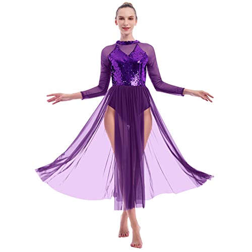 Afavom Lyrical Dance Costumes For Women Contemporary Dance Costumes Sequin Lyrical Dance Dress Long Sleeve Ballet Leotard Flowy Tulle Mesh Skirt Ballroom Dance Dresses Lyrical Dancewear Purple Small #TOP2
