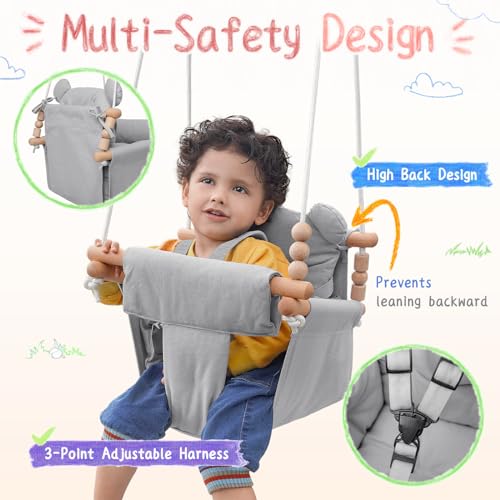 Baby Swing Outdoor Indoor, Secure Canvas Baby Swing,Wooden Baby Hanging Swing for Infant,Toddler Swing Seat,3-Point Adjustable Safety Harness,Mounting Hardware Included,Gift for Baby Boys Girls,Grey