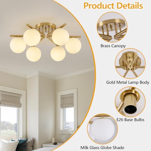 Image of 6 Lights Sputnik Ceiling Light Fixture,Semi Flush Mount Ceiling Light Sputnik with Milk Glass Globe, Brushed Brass Chandelier for Living Room, 25.98'' Large Mid Century Modern Fixture