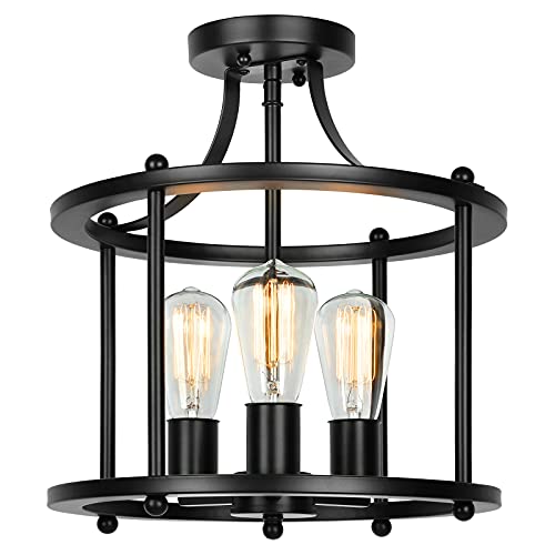 Farmhouse Semi Flush Mount Ceiling Light Fixture Black Industrial Kitchen Ceiling Lamp Rustic Vintage Ceiling Mount 3-Light Chandelier Lighting For Dining Room Hallway Entryway Bedroom Living Room #TOP7