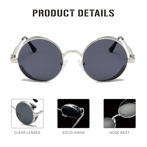 J&L Glasses Polarized Round Steampunk Sunglasses for Women Men Gothic Glasses Mental Frame3