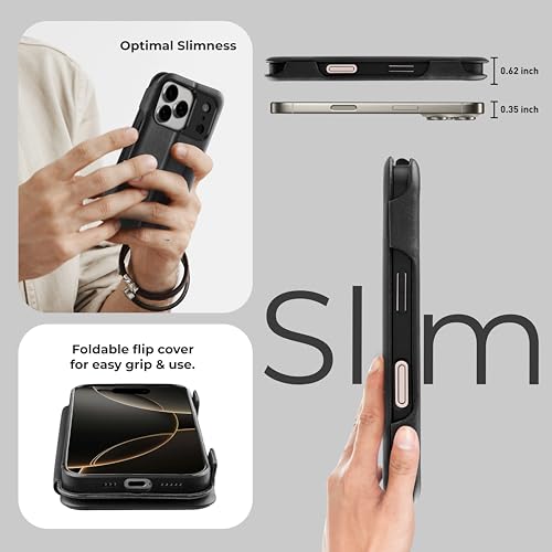 Image of PULOKA Premium PU Leather Flip Cover Compatible with Apple iPhone 17 Pro - Slim Wallet Case with Card Slot, Magnetic Closure, Kickstand Stand Function & Full Body Protection (Black)