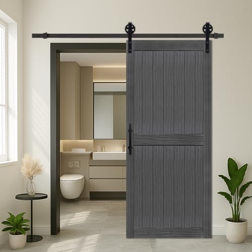 S&Z TOPHAND® 36in x 80in MDF Deep Gray Barn Door with 6.6FT Sliding Door Hardware Kit, 24-60in Solid Barn Door Slab Covered with Water-Proof PVC Surface, Simple Assembly is Required(Big Wheel)