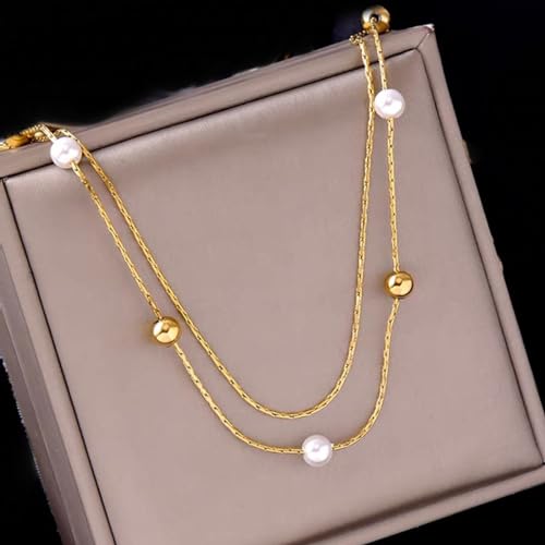 Collier de perles tendance chaîne de clavicule douce double couche dorée - 2