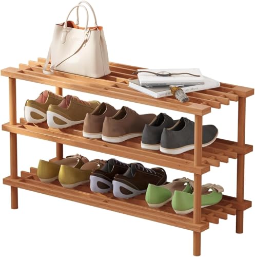 MOMENT 3 Tier Bamboo Shoe Rack Free Standing Wooden Shoes Shelf Boots Storage Organizer Shoe Stand for Home Closet Entryway Hallway and Small Space (63x26.5cm)