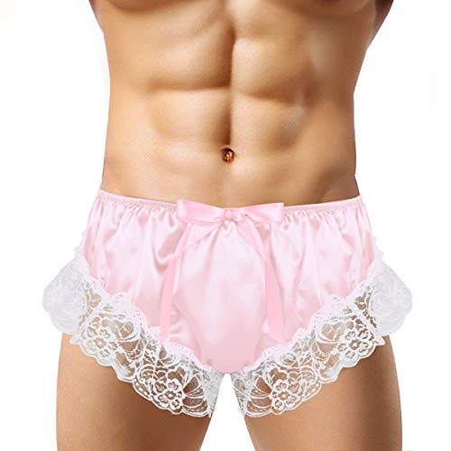 YiZYiF Herren Slips Unterwäsche Low-Rise Bikini Briefs Sissy Satin Männer Strings Tanga Dessous Unterwäsche Unterhose mit Blumenspitze M L XL A Rosa Medium