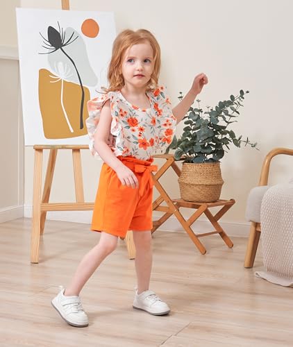 Kids Toddler Girls Clothes Outfits Floral Print Ruffle Sleeveless Top Belted Shorts Set Summer Clothing Set4