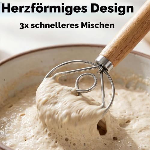 TEEVEA Dänischer Teigbesen für Brot, Sauerteig, Holzgriff und Edelstahlhaken – Ansicht 5
