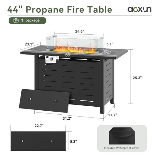 Image of Aoxun 44 inch Propane Fire Pit Table- 60,000 BTU Outdoor Gas Fire Pits with Removable Lid & Waterproof Cover, Lava Rocks Rectangle Gas Firepit Table for Outside Patio Black