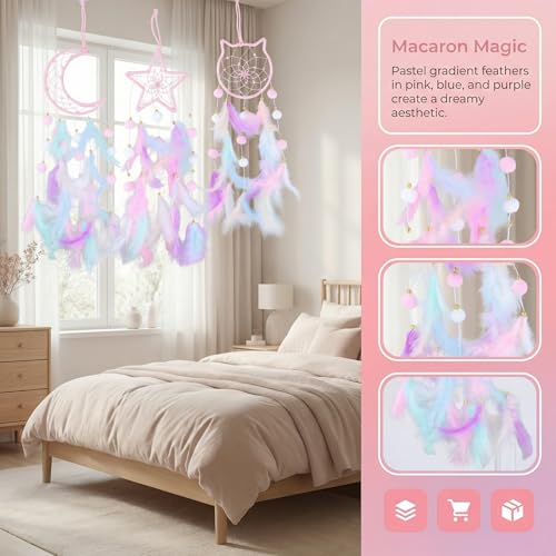 Culinavog 3 Stück Traumfänger Mädchen, Traumfängers in Stern-, Mond und Katzeform, 56cm traumfänger groß mit Feder-Dekoration für Kinder Schlafzimmer Home Decor Segen Geschenk Party(PINK)