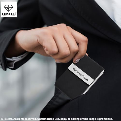 Image of FELSTAR Customized /Personalized Card Holder with Name Engraved, Leather Professional Business Visiting Card Holder /Credit Card Holders Men, Women Day Gift, Corporate Gift for Employees (S Black)