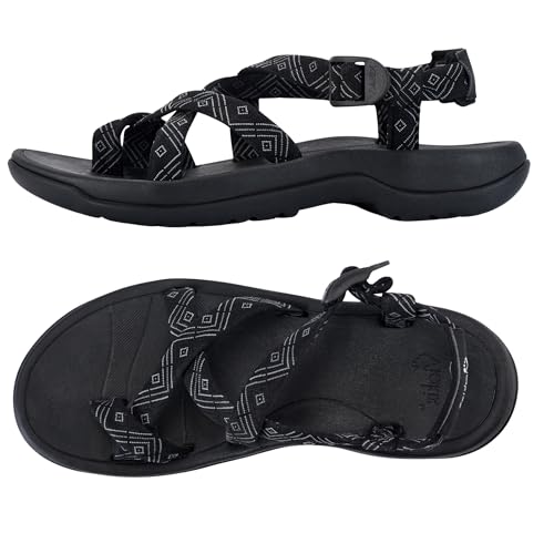 Viakix Womens Walking Sandals: Cute Stylish Comfy Athletic Sport Outdoor Hiking Sandal for Trekking Water Wide Width Beach, Black 8