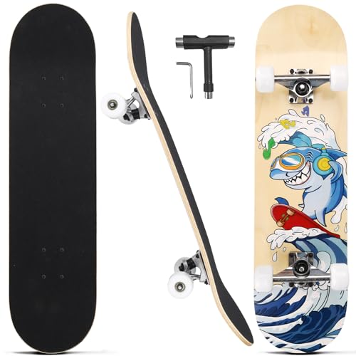 Image of Skateboards for Beginners Adults Youths Teens Kids Girls Boys 31 Inch Pro Complete Skate Boards 7 Layer Canadian Maple Double Kick Concave Longboards