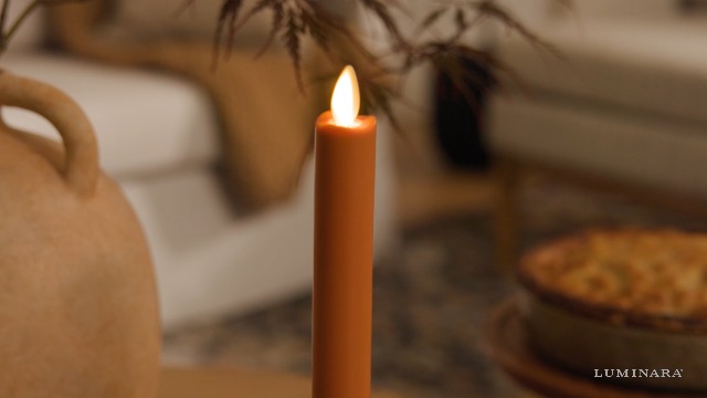 Image of Luminara Marmalade Taper, 1 inch x 9.5 inch Battery Operated Flameless Candle, Flickering White LED Light Flame, Timer Switch, Remote Ready Decor for Halloween Fall Indoor Candlestick Decoration, Real Wax