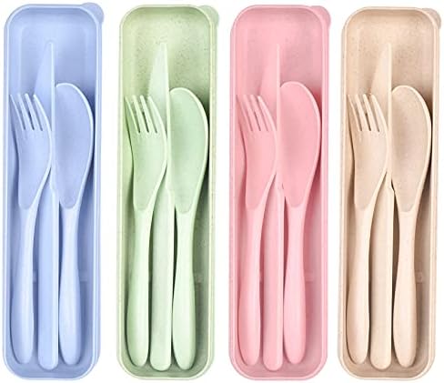 Travel Utensil Set with Case, 4 Sets Wheat Straw Reusable Spoon Knife Forks Tableware, Eco Friendly Non-toxin BPA Free Portable Cutlery for Travel Picnic Camping or Daily Use