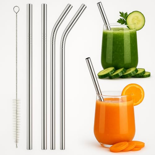 Reusable Stainless Steel Straws for Drinking with Brushes 8.5 Inches BPA-Free Metal, Thick, Long (2 Bent + 2 Straight +1 Brush) 1 Product Image