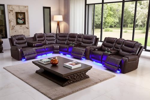 Image of Leather Power Recliner Sectional Sofa Set with LED, Breathing Leather Reclining Corner Couch & Loveseat, L-Shaped Recliner Sofa Power Loveseat with Cup Holders /Storage for Living Room