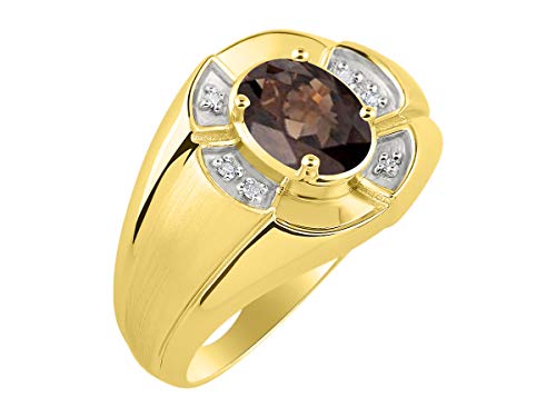 Image of Rylos Yellow Gold Plated Silver Men's & or Ladies Ring with 8X6MM Oval Gemstone & Diamonds - Unisex Color Stone Birthstone Ring Sizes 7-13