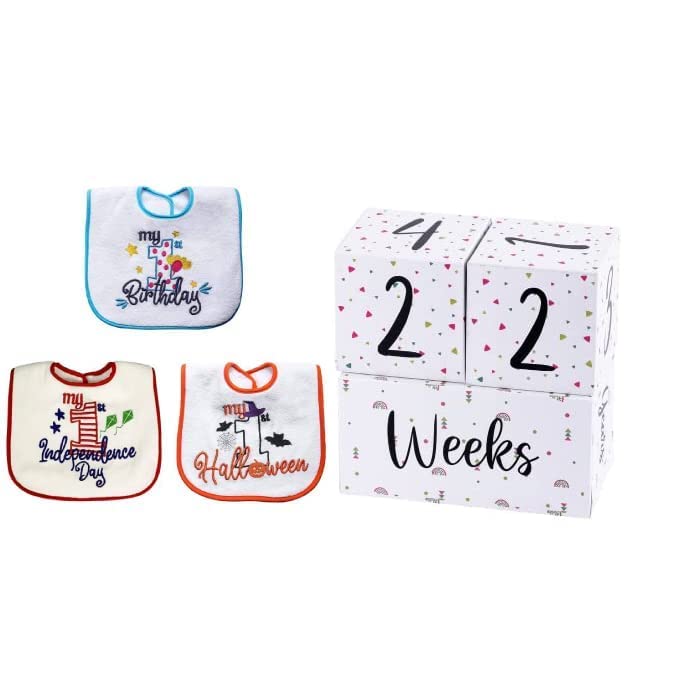 Butterthief Milestone Monthly & Festival Age Blocks (Set of 4) with Birthday & NewYear Card and Holiday Baby Bib Birthday, Independence Day & Halloween (Set of 3 Bibs).-image-7