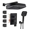 DINIERA 12" Rain Shower System with 4 Massage Body Jets & 3-in-1 Handheld Spray - Luxury Matte Black Wall Mounted Shower Faucet Set, High Pressure Brass Valve, Anti-Scald,Adjustable Angle