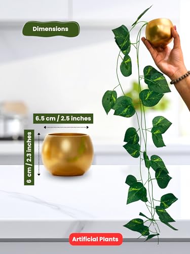 Image of Bombay Greens ; Sow, grow, eat, repeat Gold Metal Pot with Artificial Money Plant | Hanging Plant Wall Decor | Metal Pot for Home Decor, Living Room, Balcony & Office Decoration