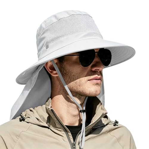 Image of Outdoor Sun Hats with Stowable Neck Flap for Men Women UPF 50+ Mesh Summer Bucket Hat Wide Brim for Fishing Safari Hiking