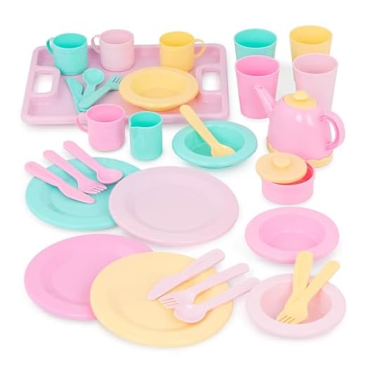 Play Circle by Battat – Dishes Wishes Dinnerware Set – Colorful Plates, Teapot, Cups, Spoons, Forks, Serving Tray, and More – Pretend Play Toy Kitchen Accessories for Kids Ages 3 and Up (34 Pieces)