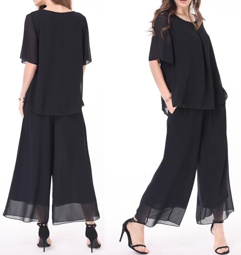 Women's Chiffon Summer 2 Piece Outfits Suit Blouse Top Capri Wide Leg Dress Casual Business Pants Sets3
