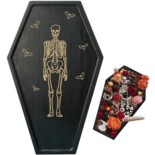 Halloween Coffin Charcuterie Board with Etched Skeleton Design - Gothic Serving Tray for Halloween Decorations - Spooky Kitchen Cheese Platter and Horror Party Accessory