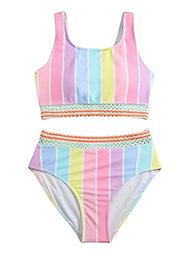 Milumia Girl 2 Piece Striped Bikini Swimsuit Contrast Mesh Scoop Neck Bathing Suit