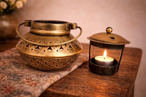 Image of Metal Degchi Style Wall Hanging Incense Holder & Dhoop Dani | Loban Burner & Tea Light Candle Holder for Pooja, Home Decor, Yoga & Meditation | Dhoop Batti Stand (5 Inch with Hook, Rose Gold)